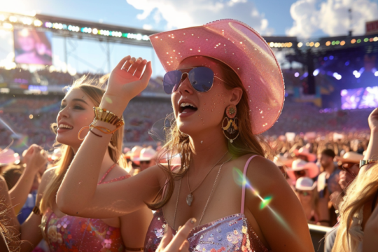 Two women at a concert in a stadium. They are wearing sparkly dresses and cowboy hats. The crowd in the background is large.