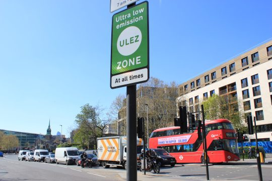 Ultra Low Emission Zone (ULEZ) warning sign in central London